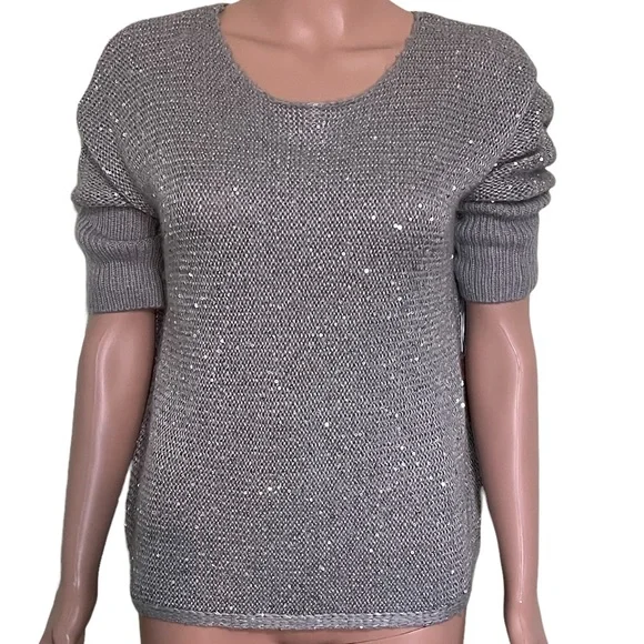 NWT Forever 21 Sequin Crew-Neck Long Sleeve Sweater, Silver Gray | S - Picture 3 of 14